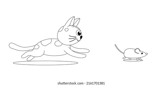 Kitty jagt eine Maus. Farbseite. Schwarz-Weiß-Katze, Kätzchen. Vektorgrafik 