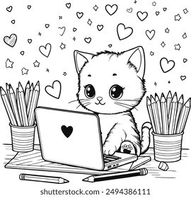 Kitty Children's coloring book. Coloring Page Outline Of cartoon little cat on flower clearing. Cute kitten with butterfly. Studying laptop in kitty.