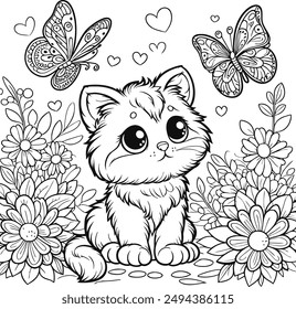 Kitty Children's coloring book. Coloring Page Outline Of cartoon little cat on flower clearing. Cute kitten with butterfly. Studying laptop in kitty.