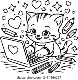 Kitty Children's coloring book. Coloring Page Outline Of cartoon little cat on flower clearing. Cute kitten with butterfly. Studying laptop in kitty.