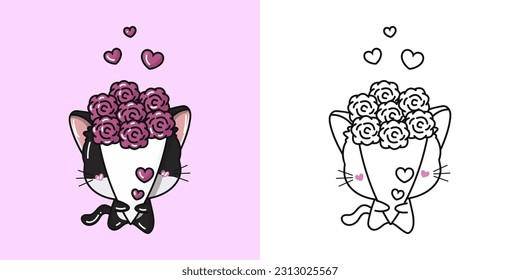 Kitty Clipart for Coloring Page and Multicolored Illustration. Adorable Clip Art Cat. Vector Illustration of a Kawaii Animal for Coloring Pages, Prints for Clothes, Stickers, Baby Shower.
