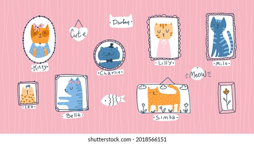 Kitty Collection. Cat pet portraits in simple hand drawn Scandinavian cartoon childish style. Colorful cute doodle animals in frames on a pink background with nicknames