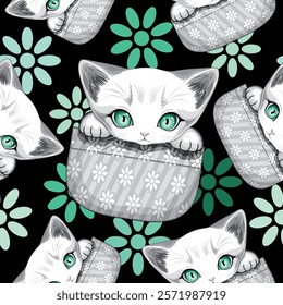 Kitty Cute Playful Baby Cat with big aqua Eyes, peaking out from a Pocket, Vector Seamless Repeat Pattern illustration 

