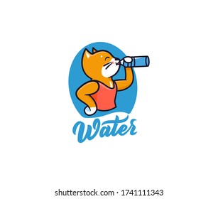 Das с ist etwas kitschig und trinkt Wasser, Logo. Logotypkatze mit Schriftzeichen, lustiges Tier, Cartoon-Charakter, Abzeichen, Aufkleber, Emblem auf weißem Hintergrund. Vector Illustration, flach, Linie, Kunst