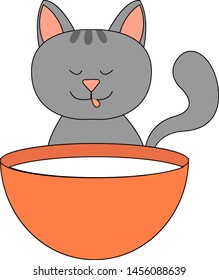 Kitty drinking milk, illustration, vector on white background.