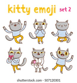 Kitty emoji set 2. Cute character cartoon style cat in different poses. Vector mascot illustrations