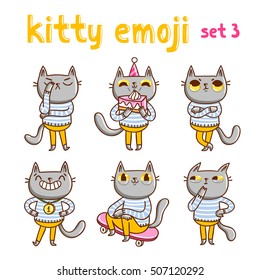 Kitty emoji set 3. Cute character cartoon style cat in different poses. Vector mascot illustrations