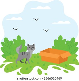 Kitty with Empty Feed box Waiting for food concept, Hungry cat wants to eat vector color icon design, Pet foster and hotel Symbol, kennel animals Sign, Human-animal interaction scene illustration