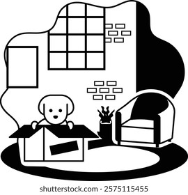 Kitty exploring its new surroundings with wide-eyed wonder vector, Pet foster hotel Symbol kennel animals Sign, Human-animal interaction illustration, Newly Adopted Pet Doggy coming out of Box concept