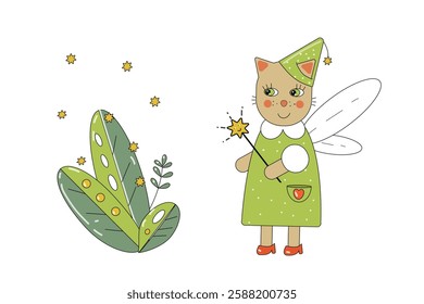 Kitty fairy with magic star wand doodle style children's vector illustration 