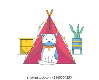 Kitty in front of the decoration tent in home, cute and beautiful pet cat. character design. Vector flat illustration