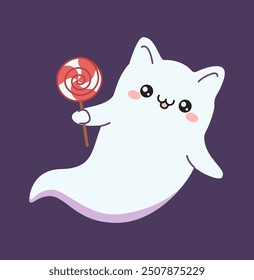 Kitty ghost holding lollipop flat color vector illustration. Adorable flying spirit with candy Halloween character icon on purple background