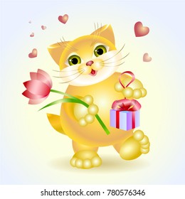 Kitty with gift and flower on light background