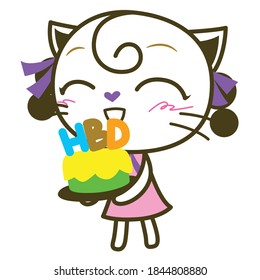 Kitty Girl, Cat Meow is Happy birthday, cat's face happy Isolated, Vector illustration
