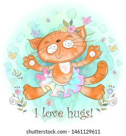 Kitty hug. Cat ballerina loves to cuddle. Vector. Watercolor.