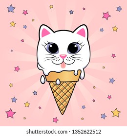 Kitty ice cream. Cute little kitten in a waffle cone on pink background