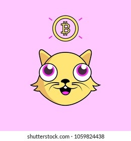 Kitty looking up to shining bitcoin