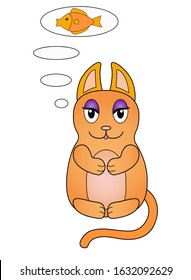 Kitty is meditating or dreaming of a delicious fish. Kitty is sitting in lotus position and is thinking. Vector full color cat for kids in the style of lost kittens. Kitties. Cute, funny, kitten.