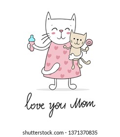 Kitty mom with her baby small cat. Happy Mother`s Day animal cartoon illustration greeting card