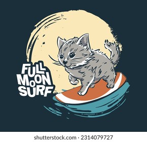 Kitty night surfer cool summer t-shirt print. Cat midnight ride surfboard on big wave. Full moon surf s logan. Kitten beach funny child wear illustration. Tropical sea surf sport kids