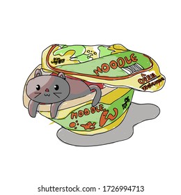 Kitty in the noodle cup bed