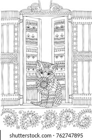 Kitty on the window. Hand drawn picture. Sketch for anti-stress adult coloring book in zen-tangle style. Vector illustration for coloring page.