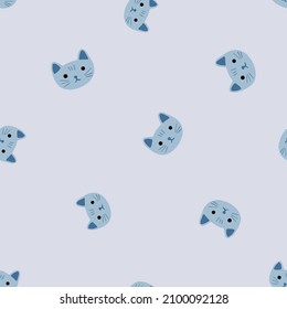 Kitty pattern seamless in freehand style. Head animals on colorful background. Vector illustration for textile prints, fabric, banners, backdrops and wallpapers.