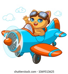 Kitty pilot in ariplane cartoon vector illustration for kid Happy Birthday greeting card or T-shirt print design template. Smiling cute cat or kitten girl in aviator glasses on toy aircraft waving paw