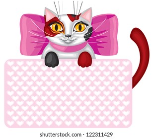 Kitty with a pink ribbon holds in its paws greeting card