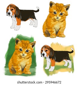 Kitty and puppy hand drawn vector colorful illustrations set
