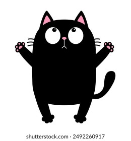 Kitty reaching for a hug. Pink ears. Black cat looking up. Open hand paw print. Happy Valentines Day. Funny Kawaii animal. Cute cartoon character. Pet collection. Flat design White background. Vector