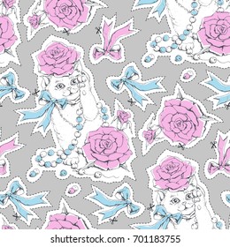 Kitty, roses and beads. Vector illustration of seamless pattern with cat. Sticker.
