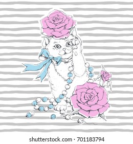 Kitty, roses and beads. Vector illustration of seamless pattern with cat. Stripes background.