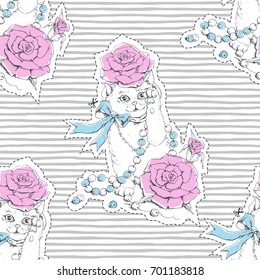 Kitty, roses and beads. Vector illustration of seamless pattern with cat. Sticker. Stripes background.