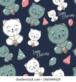 Kitty seamless pattern. Baby style illustration with cats, hat, cake on dark blue background for kids holidays. happy birthday Cute design for textile, wallpaper, web, fabric