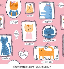 Kitty seamless pattern. Cat pet portraits in simple hand drawn Scandinavian cartoon childish style. Colorful cute doodle animals in frames on a pink background with nicknames