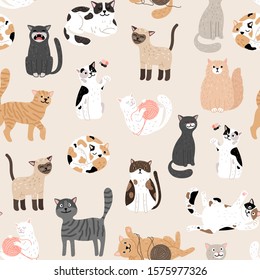 Kitty seamless pattern. Color cute cats vector background, colorful kittens texture for animals baby fabric design