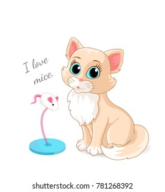 kitty sits with a toy mouse pet fluffy bright white smiling cartoon
