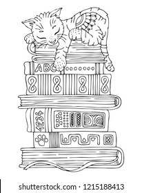 Kitty sleeps on a stack of books. Hand drawn picture. Sketch for anti-stress adult coloring book in zen-tangle style. Vector illustration for coloring page.