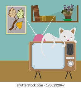 Dormir gatitos en la televisión. Vector. Plano