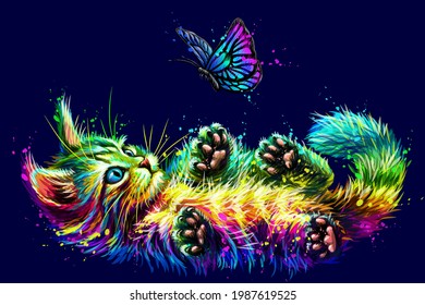 Kitty. Sticker design. Abstract, multicolored, neon portrait of a kitten playing with a butterfly on a dark blue background in the style of pop art. Digital vector graphics. 