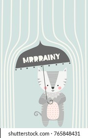 Kitty under an umbrella in the rain. Vector illustration in Scandinavian style with text. Funny, cute poster.