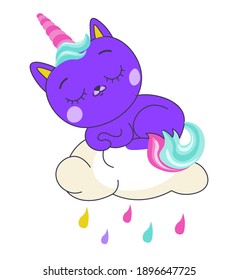 Kitty with unicorn horn and rainbow tail sleeping or taking nap on fluffy cloud with raindrops. Cloudscape and colorful rain, isolated cute mascot, character or sticker. Vector in flat style
