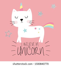 kitty unicorn rainbow glitter star tee illustration art vector