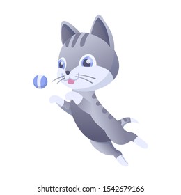 Kitty vector illustration. House domestic cat in position and activitie. Cat jumps for the ball.