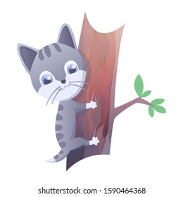 Kitty vector illustration. House domestic cat in position and activitie. The cat climbs on a tree.