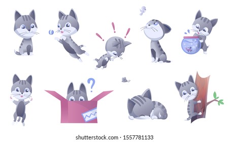 Kitty vector illustration set. House domestic cats in many positions and activities.