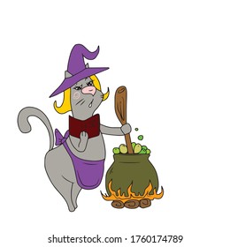 Kitty witch with an apron and a big hat prepares a potion according to a recipe from a book, vector design for a banner, poster, greeting card, party invitation.