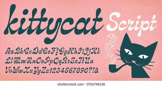 Kittycat Script is a modern vintage or futuristic script style of type with bulbous or teardrop shaped stroke terminals.