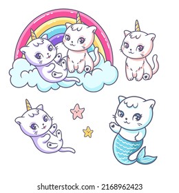 Kitty-corns, cat mermaid and rainbow. A set of hand drawn vector illustrations